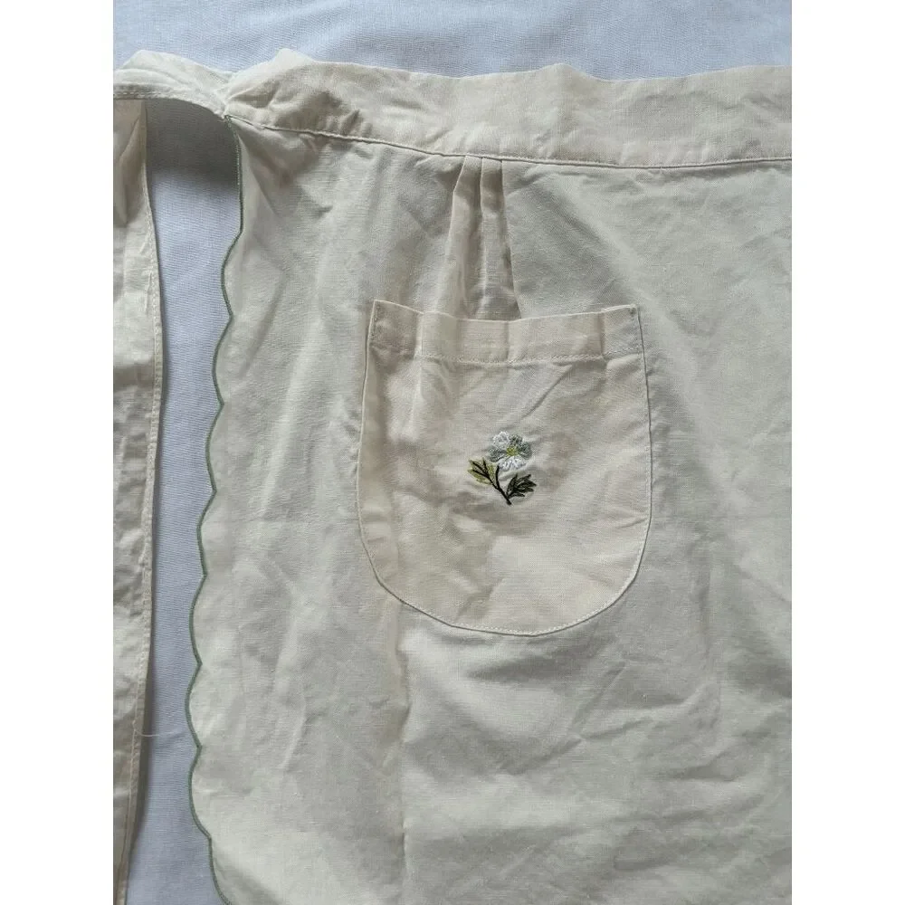 Handmade Kitchen Apron, Cream Colored, Embroidered, Pocket, Tie, Flowers,